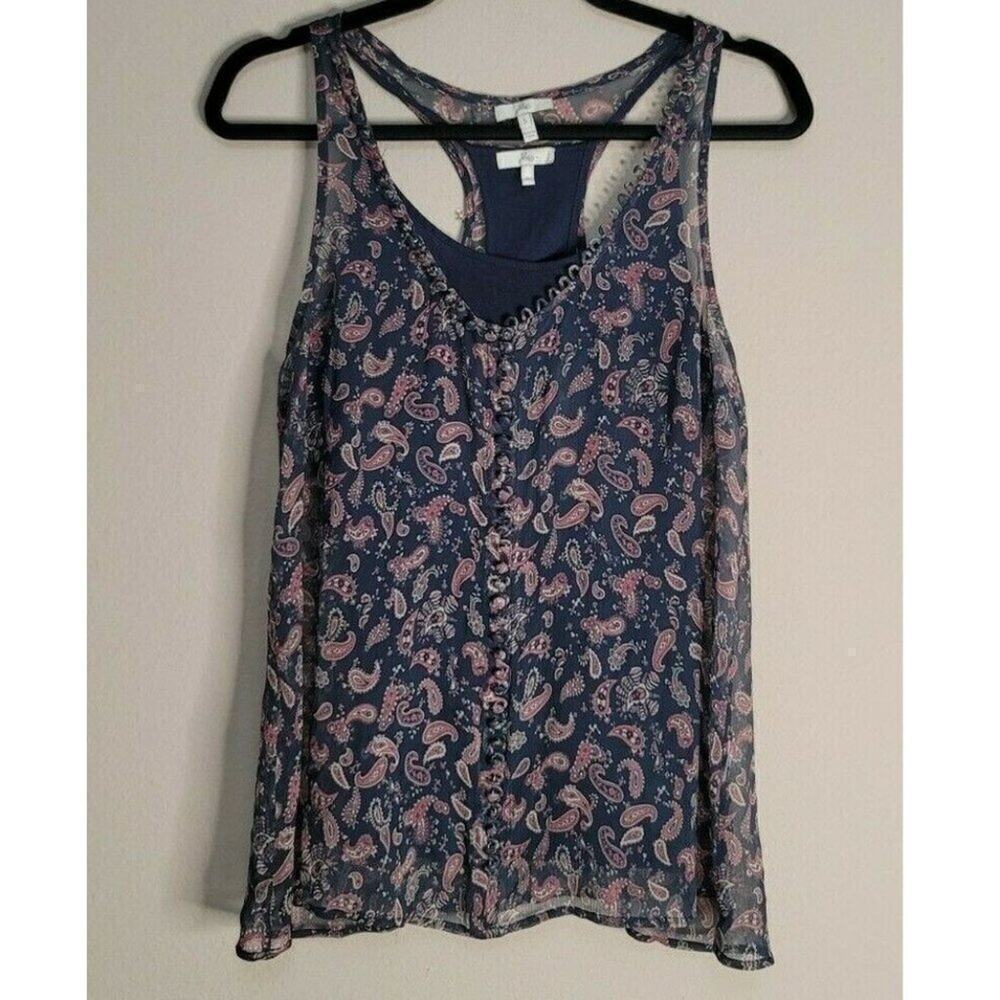 Joie Sheer Paisley Overlay Fabric Button Silk Sleeveless Racerback Top Size Sm